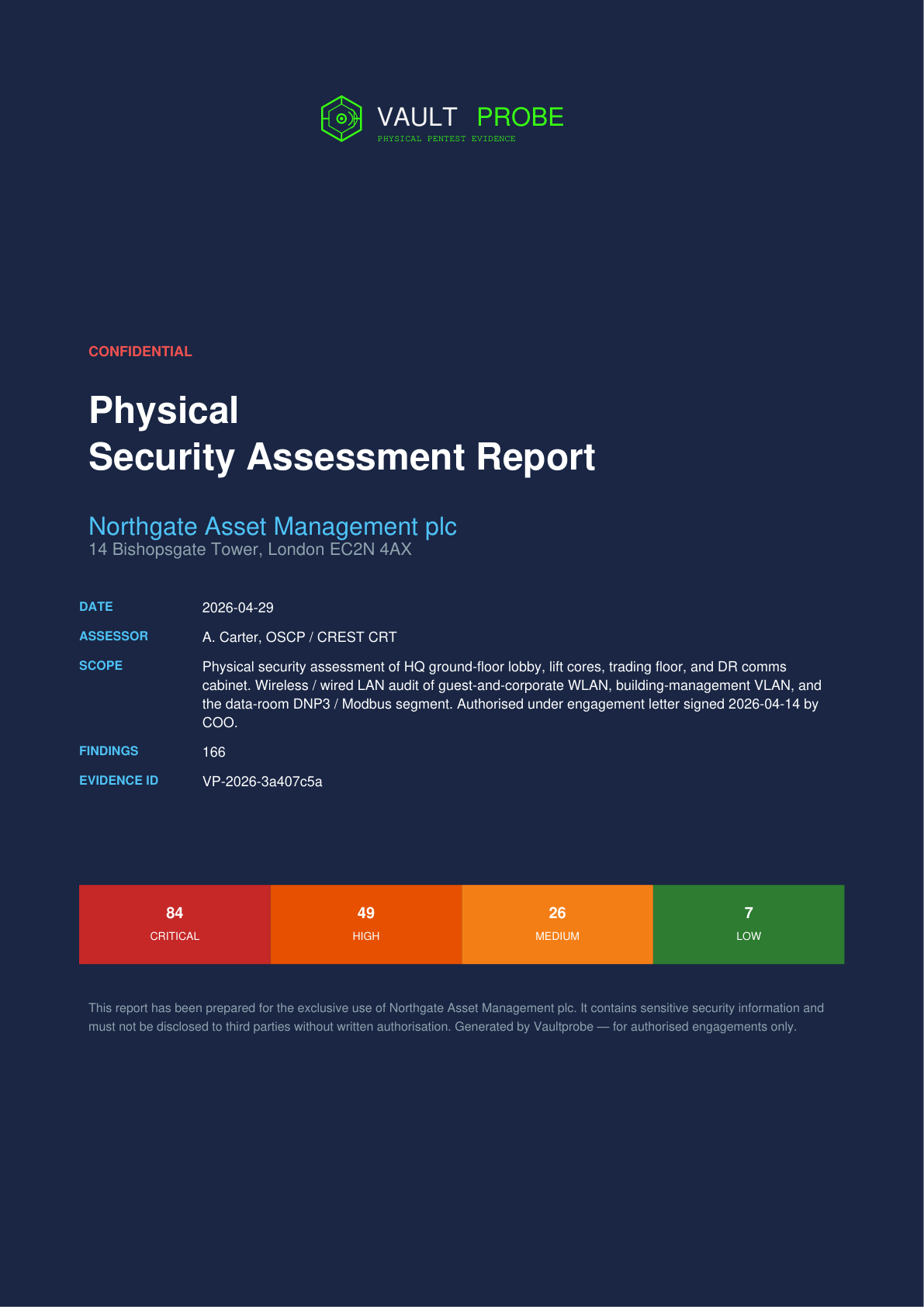 Vaultprobe sample report cover page — Northgate Asset Management plc, ISO 27001 + NIS2 mapped